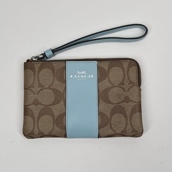 Coach Signature Canvas Corner Zip Wristlet Brown Light Blue Leather Trim - Picture 1 of 8